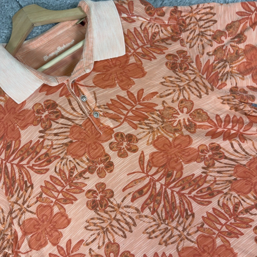 Tommy Bahama Polo Shirt Men Size XL‎ Orange Floral Short Sleeve Casual Beach